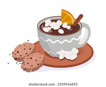 Healthy breakfast tea with cookies concept. Dessert and delicacy. Hot drink in mug with homemade bakery. Template and mock up. Cartoon flat vector illustration isolated on white background