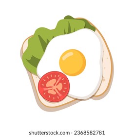 Healthy breakfast toast with eggs concept. Slice of bread with vegetables. Lettuce, tomato and scrambled egg. Template and mock up. Cartoon flat vector illustration isolated on white background