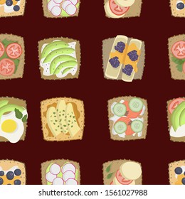 Healthy breakfast toast pattern with avocado, tomato, cucumber and cheese.