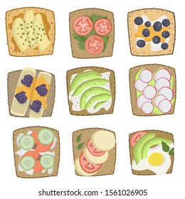 Healthy breakfast toasts with avocado, tomato, cucumber and cheese