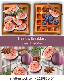 Healthy breakfast toasts with fig fruits Vector realistic
