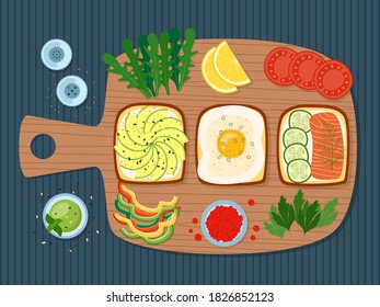 Healthy breakfast, toasts with greens, egg, avocado, salmon, caviar, vegetables, vector illustration