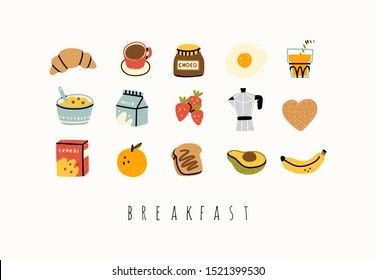 Healthy breakfast. Various tasty food and drinks. Cute hand drawn icons and logos. Trendy vector illustrations. Cartoon style. Flat design. All elements are isolated