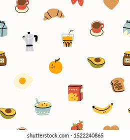 Healthy breakfast. Various tasty food and drinks. Cute hand drawn icons and logos. Trendy vector illustrations. Cartoon style. Flat design. Colorful seamless pattern 