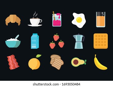 Healthy breakfast. Various tasty food and drinks. Cute hand drawn icons and logos. Trendy vector illustrations. Cartoon style. Flat design. All elements are isolated