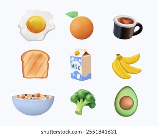 Desayuno saludable. Varios sabrosos alimentos y bebidas. Lindos iconos 3D y logotipos. Ilustraciones vectoriales de moda. Diseño 3D de estilo de dibujos animados. Todos los Elementos están aislados