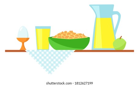 Healthy breakfast vector flat illustration. Design illustration concept for breakfast time. Muesli, glass of juice, apple and egg served on the table.