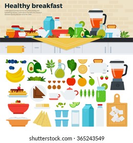 Healthy breakfast vector flat illustrations. Fresh dishes full of vitamins on served on the table. Healthy eating concept. Milk, cheese, porridge, fruits isolated on white background