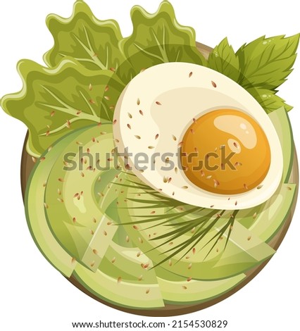 Healthy breakfast vector illustration. Boiled egg, Chinese cabbage, dill, avocado, sesame seeds on bread, isolated transparent background. For a poster, banner, restaurant menu, website