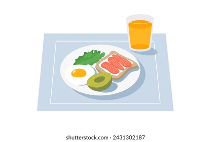 Healthy breakfast vector illustration. Salmon sandwich, fried egg avocado and glass of fresh orange juice. Good health nutrition, protein, fat and carbohydrate. Natural organic food, plate, placemat
