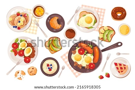 Healthy breakfast vector illustration. A set of food for breakfast. Morning meal. Breakfast menu. 
