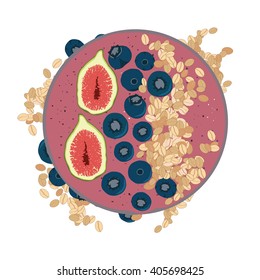 Healthy breakfast vector illustration. Yougurt with fig, granola, blueberry and muesli served in glass jar on white background.  Acai smoothie bowl thick topped with chia, oatmeal and fruit.