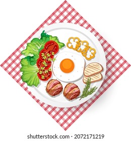 Healthy breakfast with vegetable and fried egg and meat illustration