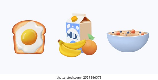 Healthy breakfast for your morning 3D illustrations set. Cereals, milk and banana, juice, orange, egg and bread. Set of three 3D trendy vector illustrations. Cartoon style. 3D design