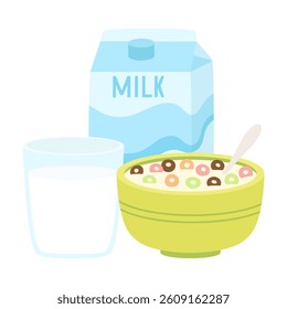 healthy breakfast for your morning, cereal and milk, flat vector illustration in cartoon style