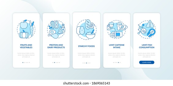 Healthy breastfeeding diet onboarding mobile app page screen with concepts. Protein and dairy products walkthrough 5 steps graphic instructions. UI vector template with RGB color illustrations