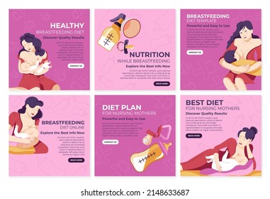 Healthy Breastfeeding Diet, Social Media Post Set. Information For Mother, Newborn Health Care Collection. Medical Nutrition For Motherhood, Advertising Vector Illustration