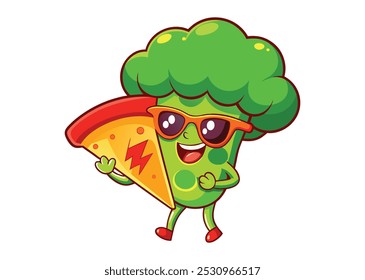 Healthy Broccoli Cartoon with Pizza Slice and Shades