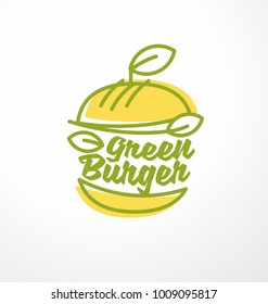 Healthy burger made from organic green ingredients. Vegan burger logo design idea. Apple shape burger with leaves. Vector line art.