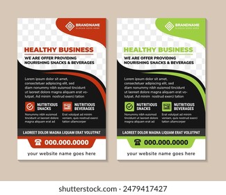 Healthy Business roll up banner design, Standee nourshing snacks and beverages poster, Fast Food digital template, Vector illustration with black background, Delicious Food Restaurant X Banner