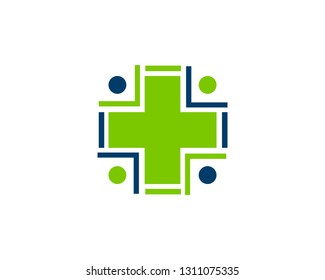 Healthy and care logo design, people with medical cross shape, hospital and clinic symbol