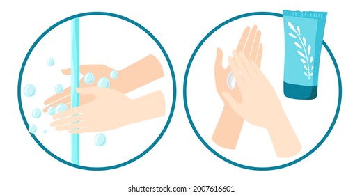 Healthy care. Two step instruction. Round signs Wash your hands and Apply cream to your hands. Water and soap, cream cosmetic vector isolated on white.