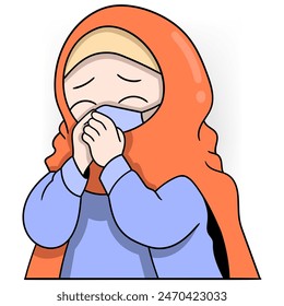 Healthy and caring people cartoon doodle, Muslim girl sneezing wearing a mask suffering from flu