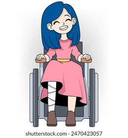 Healthy and caring people cartoon doodle, a beautiful girl is sitting in a wheelchair because her leg is injured