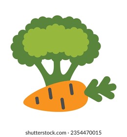 Healthy carrot and broccoli. Delicious, healthy nutritious food cartoon illustration. Vegetables concept. Colored flat vector isolated on white background