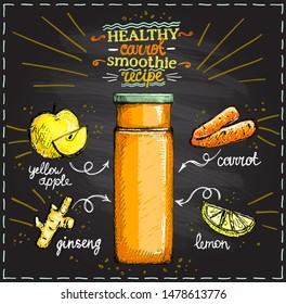 Healthy carrot smoothie recipe on a chalkboard, vegetarian smoothie menu with ingredients, vegetables set sketch hand drawn graphic illustration