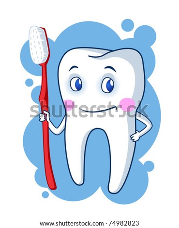 Healthy cartoon tooth character holding a toothbrush. Vector illustration.