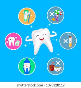 Healthy cartoon tooth character with set icons. Dental care concept. Good and bad for your teeth. Illustration isolated on blue background.