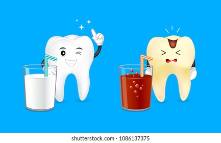 Healthy cartoon tooth with a glass of milk and decayed tooth with a soda. Dental care concept. Good and bad drinks for your teeth. Illustration isolated on blue background