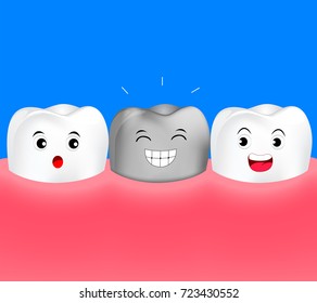 Healthy cartoon tooth with silver tooth. Metal crowns. dental care concept. Illustration isolated on blue background.