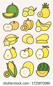 Healthy cartoon yellow fruits collection with sliced part: durian, star gooseberry, 
pineapple, Chinese pear, bell pepper, banana, carambole, mango, golden apple, quince, corn, melon, watermelon.