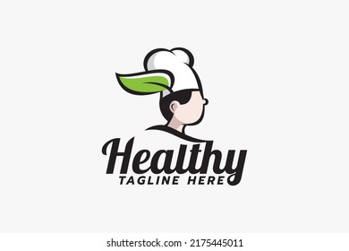 Healthy catering logo with a chef wearing a leaf-winged hat. Suitable for catering, restaurant, cafe, etc.
