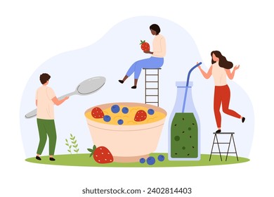 Healthy cereal breakfast bowl with fresh fruit. Tiny people holding spoon to eat oatmeal porridge with strawberry and blueberry, drink green smoothie from bottle with straw cartoon vector illustration