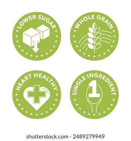 Healthy cereal breakfast main features icons set - Lower sugar, Whole grain, Heart healthy, Single ingredient. Pictograms for labeling in thin line and circle shapes