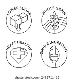 Healthy cereal breakfast main features icons set - Lower sugar, Whole grain, Heart healthy, Single ingredient. Pictograms for labeling in thin line and circle shapes