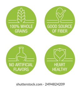 Healthy cereal breakfast main features icons set - Lower sugar, Whole grain, Heart healthy, Single ingredient. Pictograms for labeling in thin separated line and circle shapes