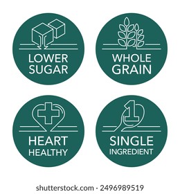 Healthy cereal breakfast main features creative icons set - Lower sugar, Whole grain, Heart healthy, Single ingredient. Pictograms for labeling in thin line and circle shapes