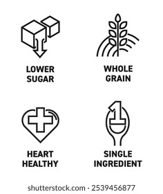 Healthy cereal breakfast main features icons set - Lower sugar, Whole grain, Heart healthy, Single ingredient. Pictograms for labeling in bold line