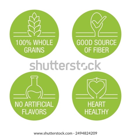 Healthy cereal breakfast main features icons set - Lower sugar, Whole grain, Heart healthy, Single ingredient. Pictograms for labeling in thin separated line and circle shapes