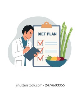 Lista de comprobación saludable. Doctor escribiendo plan de dieta con frutas y verduras. Ilustración de dibujos animados de estilo plano de Vector