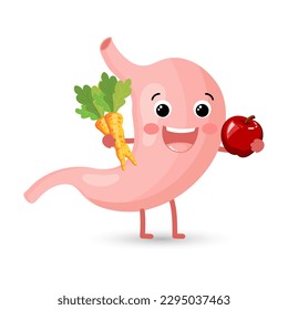 Gesunde fröhliche menschliche Magenfigur mit Gemüse und Obst. Gesunde Ernährung. Anatomie des Verdauungssystems. Vektorgrafik im Flachstil