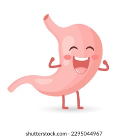 El alegre y saludable personaje de estómago humano ríe con felicidad. Una dieta saludable. Anatomía del sistema digestivo. Vector de estilo plano