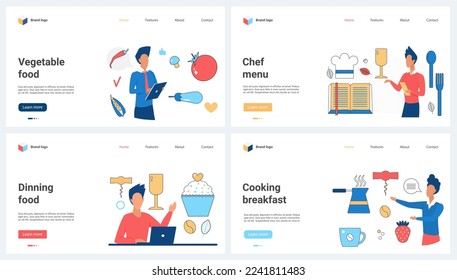 Healthy chef online menu for cooking breakfast, lunch and dinner set vector illustration. Cartoon tiny people people cook vegetables using digital recipe book, gastronomy and gourmet culinary