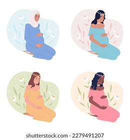 Healthy child bearing 2D vector isolated spot illustration pack. Expectant mothers with flower crowns flat characters on cartoon background. Colorful editable scenes set for mobile, website, magazine