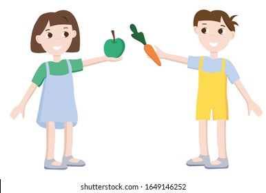 Niños sanos. El niño da zanahorias. Una chica sostiene una manzana. Estilo de vida saludable. Frutas y verduras sanas.