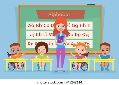 Healthy children and children with disabilities are engaged in school in the same class.